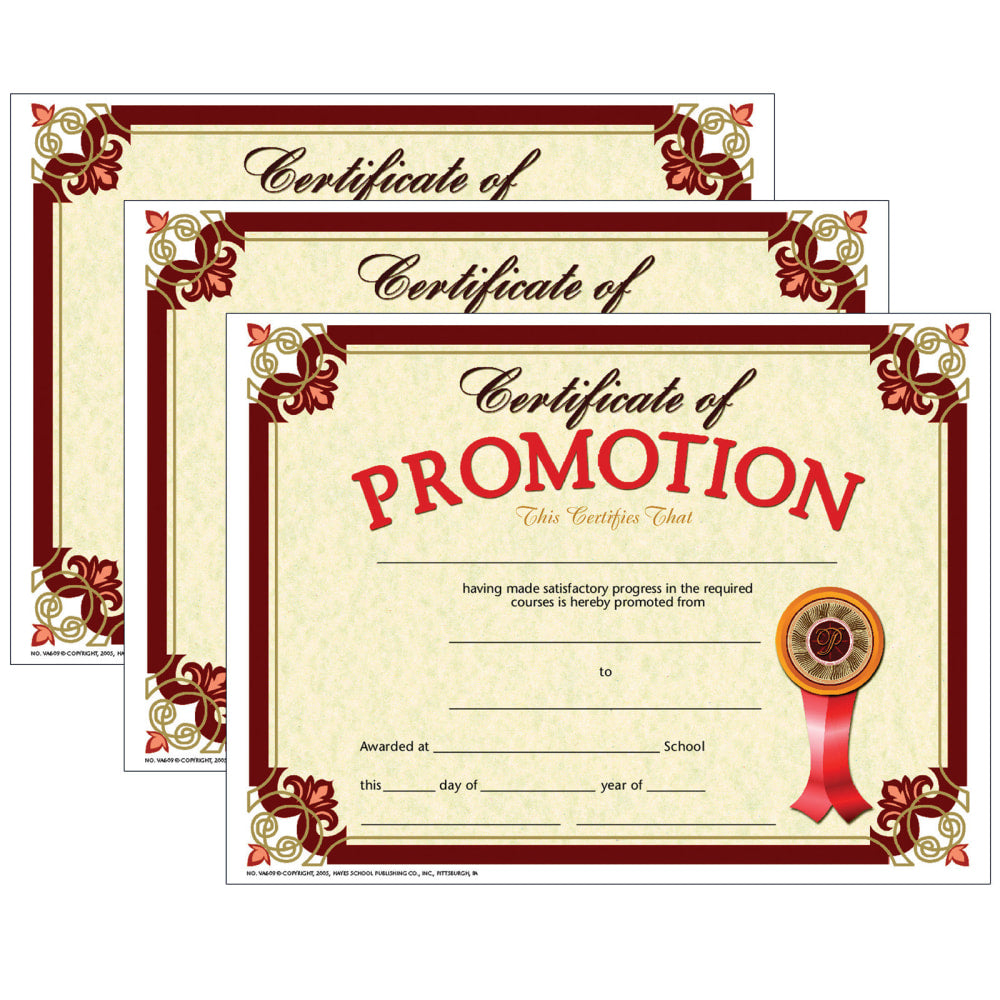 Hayes Publishing Certificate Of Promotion, 8.5in x 11in, 30 Per Pack, Set Of 3 Packs