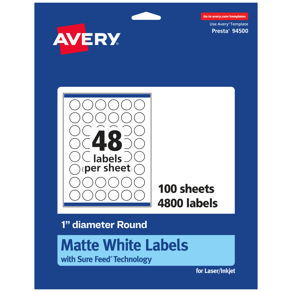 Avery Permanent Labels With Sure Feed, 94500-WMP100, Round, 1in Diameter, White, Pack Of 4,800