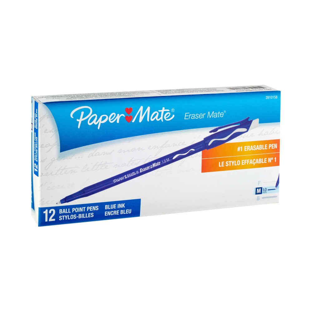 Paper Mate EraserMate Erasable Pen, Medium Point, Blue, Dozen Box