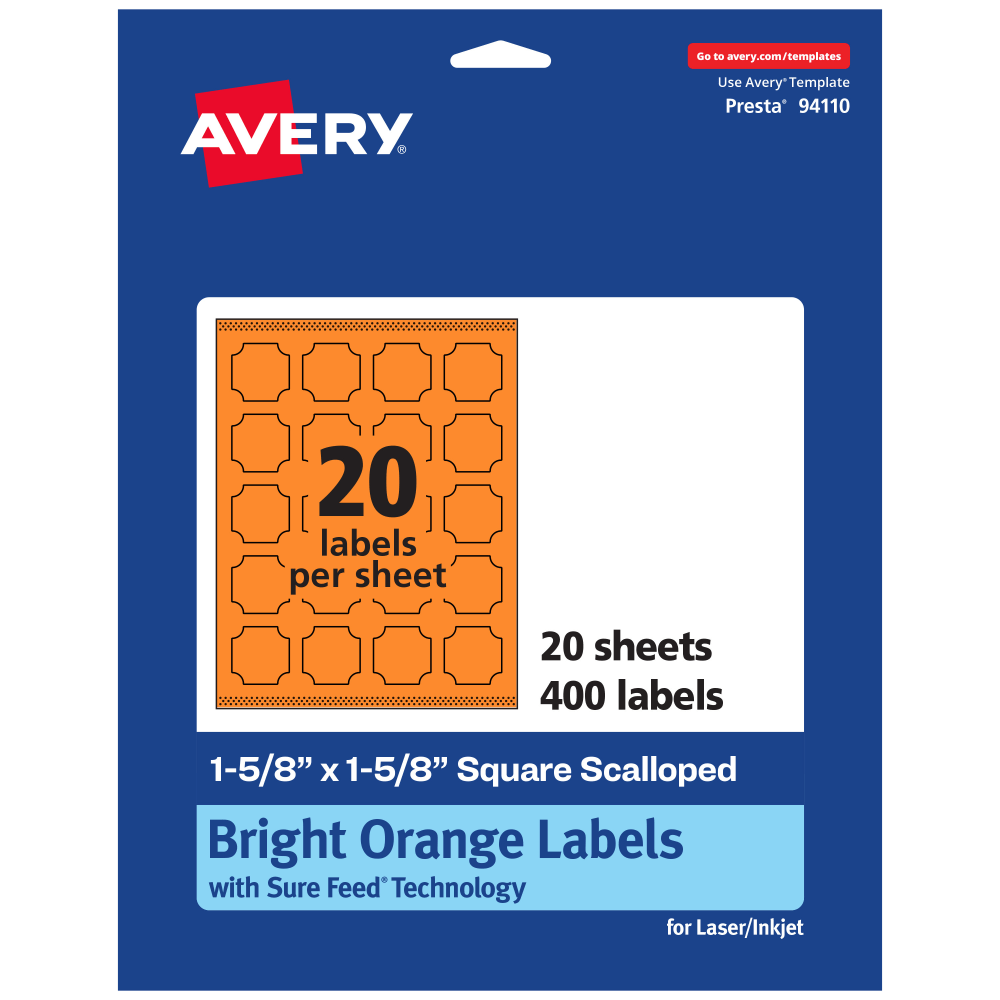 Avery Print-To-The-Edge Labels With Sure Feed Technology, 94110-BOP20, Square Scalloped, 1-5/8in x 1-5/8in, Matte Bright Orange, Pack of 400