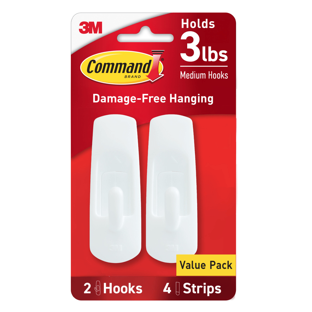 Command Medium Utility Hooks, 2 Hooks, 4 White Adhesive Strips, Damage Free Hanging Picture Hangers, No Tools Wall Hanging Strips For Living Spaces