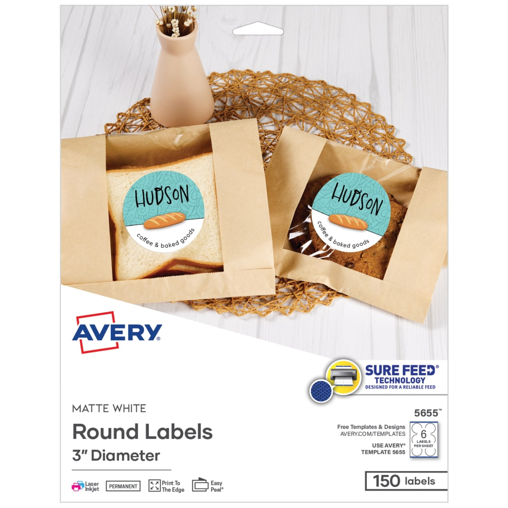 Avery Printable Labels With Sure Feed, Round, 3in diameter, Matte White, Pack Of 150