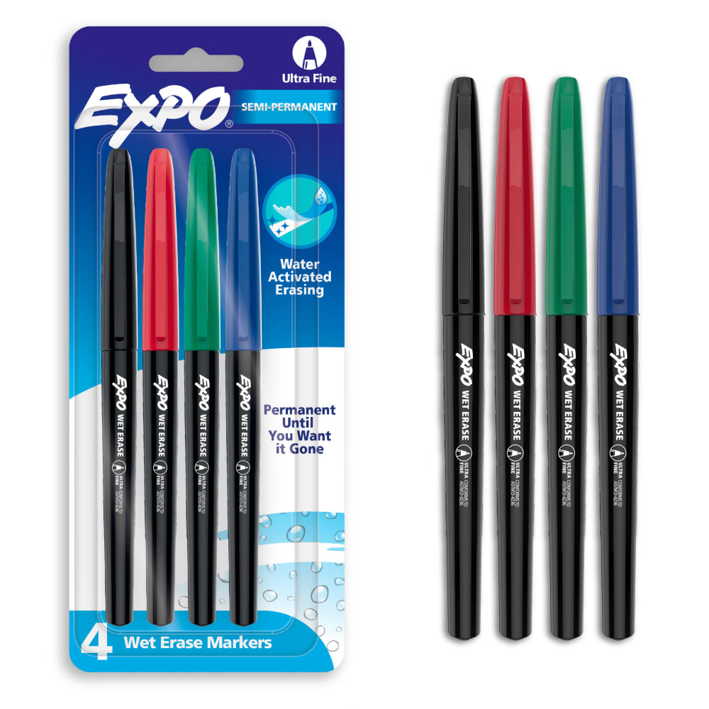EXPO Wet-Erase Ultra Fine-Tip Markers, Assorted Colors, Pack Of 4