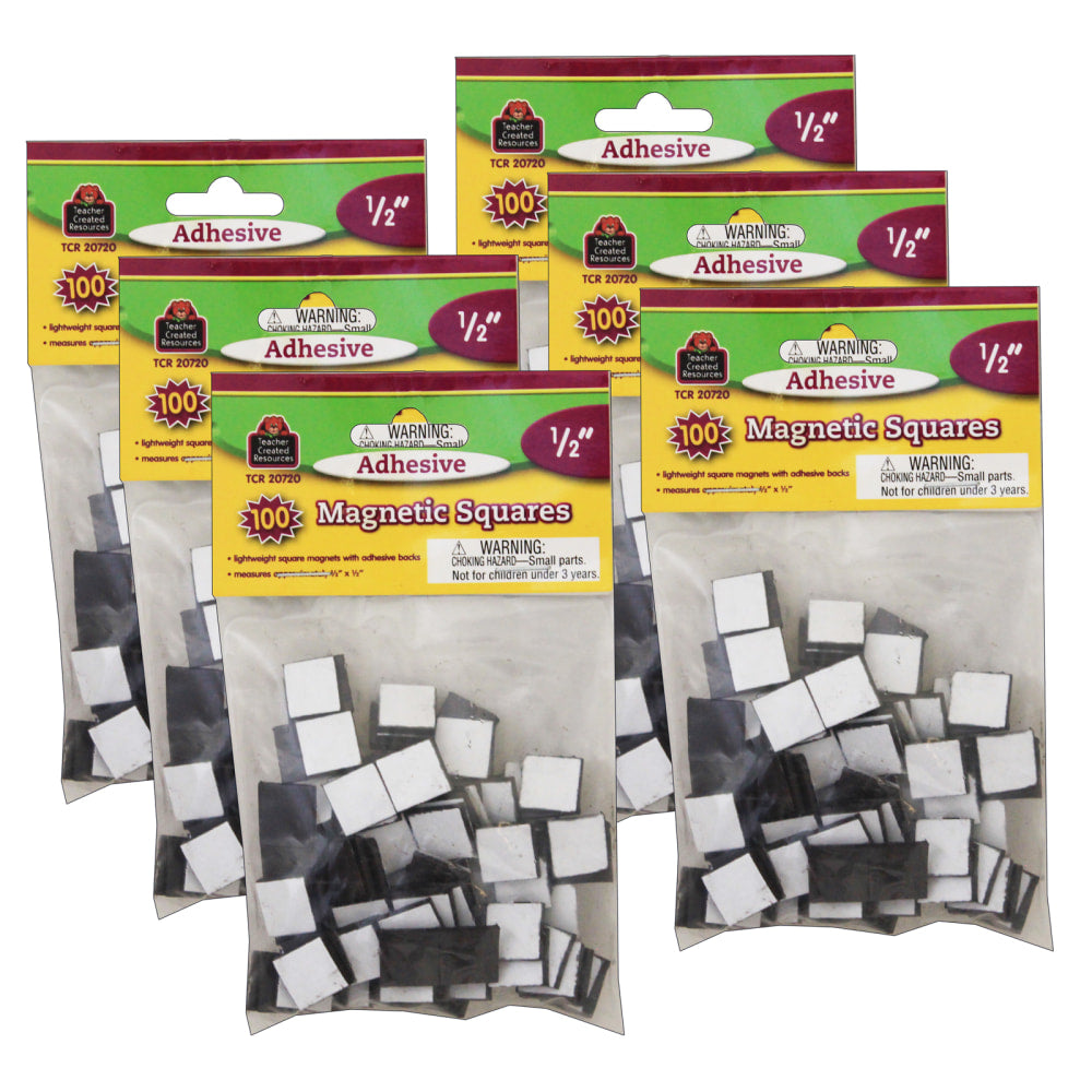 Teacher Created Resources Adhesive Magnetic Squares, 1/2in x 1/2in, Black, 100 Magnets Per Pack, Set Of 6 Packs
