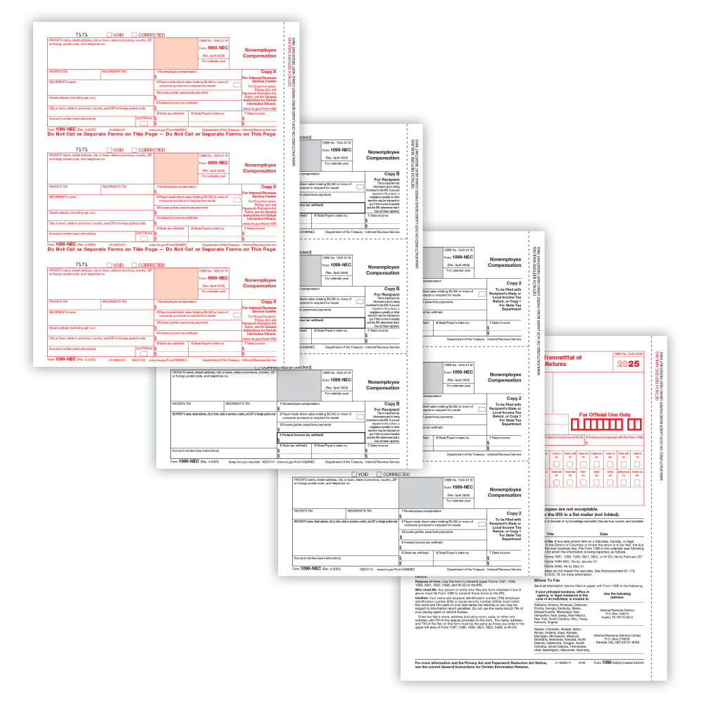 ComplyRight 1099-NEC Tax Forms Set, 3-Part, 3-Up, Copies A/B/C, 8-1/2in x 11in, Pack Of 50
