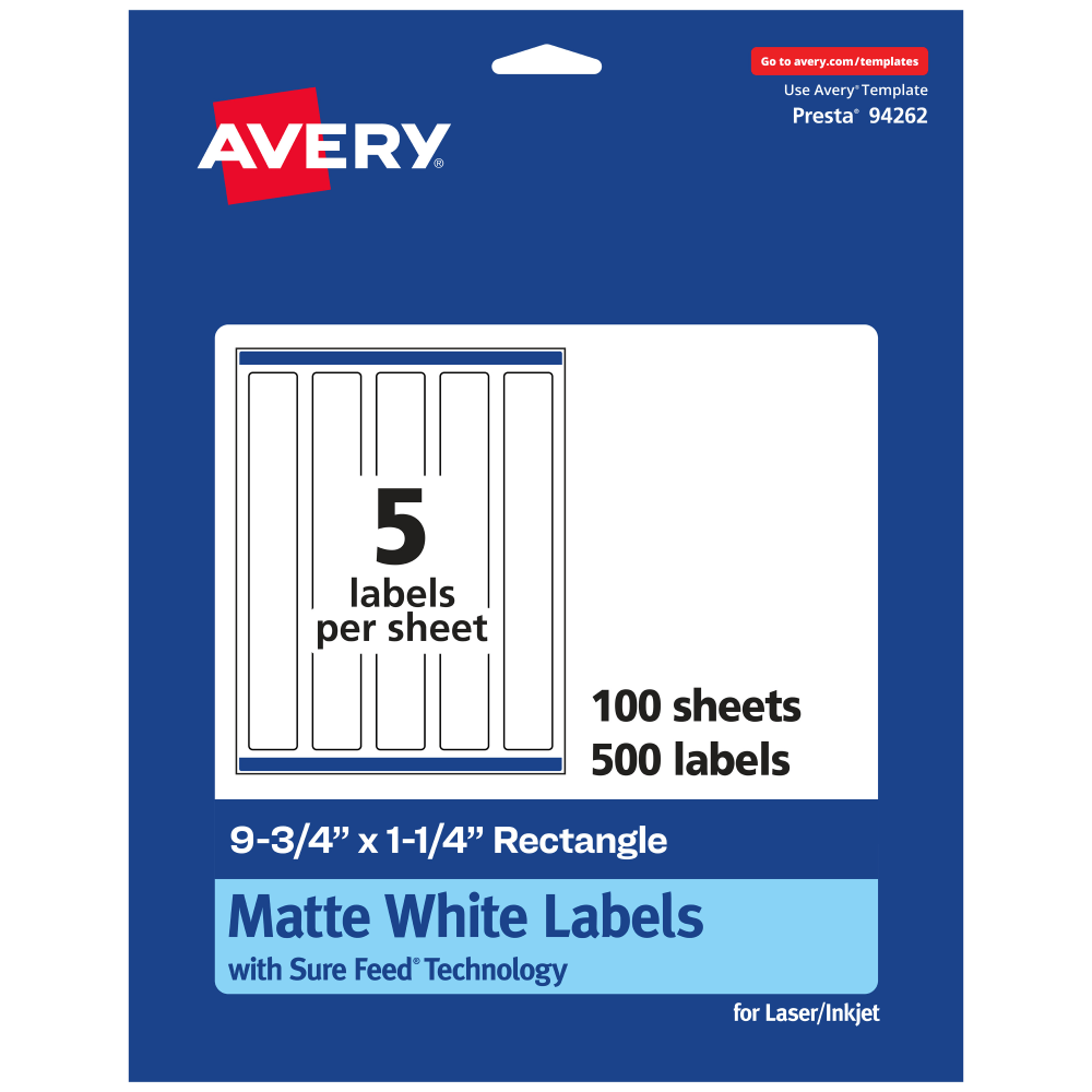 Avery Permanent Labels With Sure Feed, 94262-WMP100, Rectangle, 9-3/4in x 1-1/4in, White, Pack Of 500