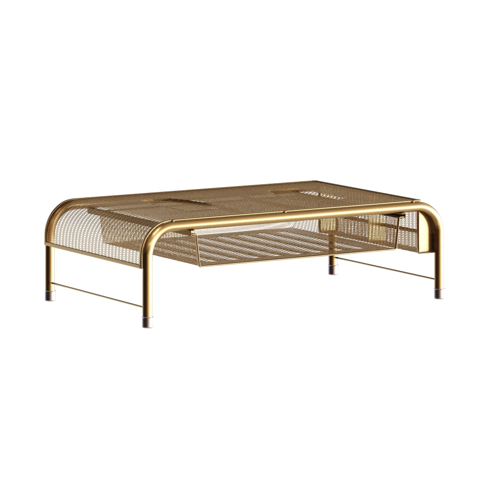 Martha Stewart Ryder Mesh Metal Desktop Monitor Stand Riser With Organizer Drawer And Side Storage, 6-1/2inH x 22-1/4inW x 12-1/2inD, Gold
