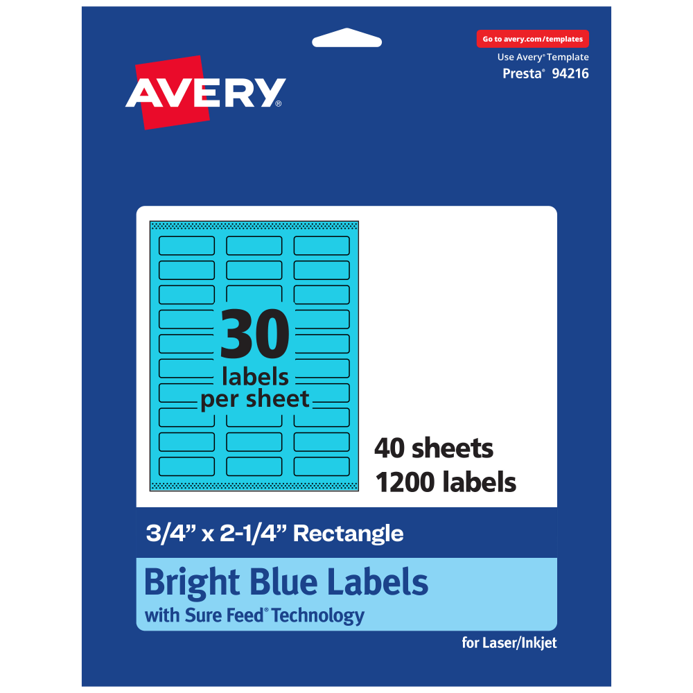 Avery Print-To-The-Edge Labels With Sure Feed Technology And Easy Peel, 94216-BBP40, Rectangle, 3/4in x 2-1/4in, Matte Bright Blue, Pack of 1200