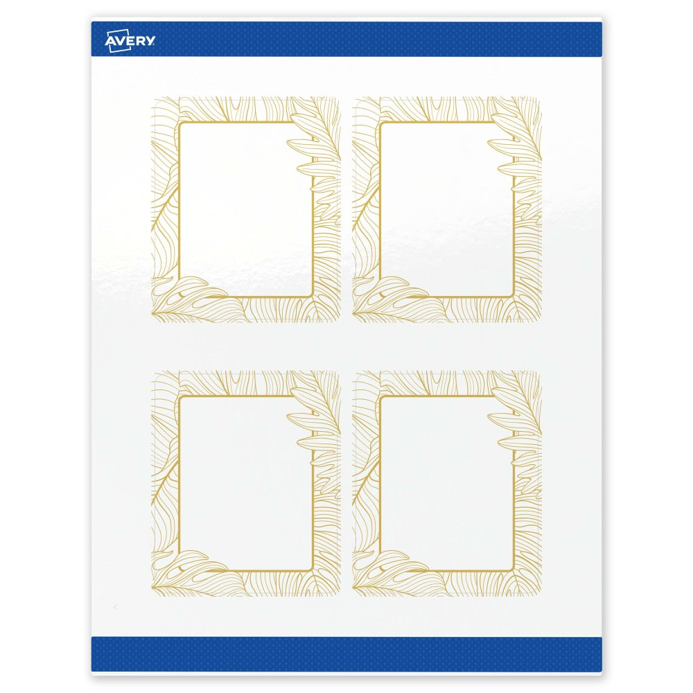 Avery Printable Labels With Sure Feed Technology, S00-EVW, Rectangle, 4in x 3-1/3in, Glossy White With Preprinted Gold Leaf Pattern, Pack Of 40