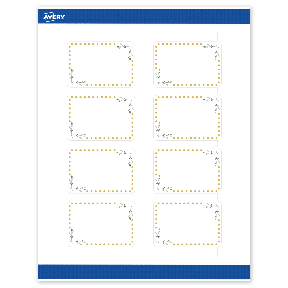 Avery Print-To-The-Edge Labels & Sure Feed, S00-DN2-PRWMP10, 2in x 3in, Matte White, Preprinted Green Floral & Gold Dots Design, Pack Of 80