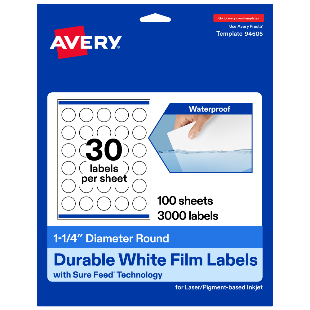 Avery Waterproof Permanent Labels With Sure Feed, 94505-WMF100, Round, 1-1/4in Diameter, White, Pack Of 3,000