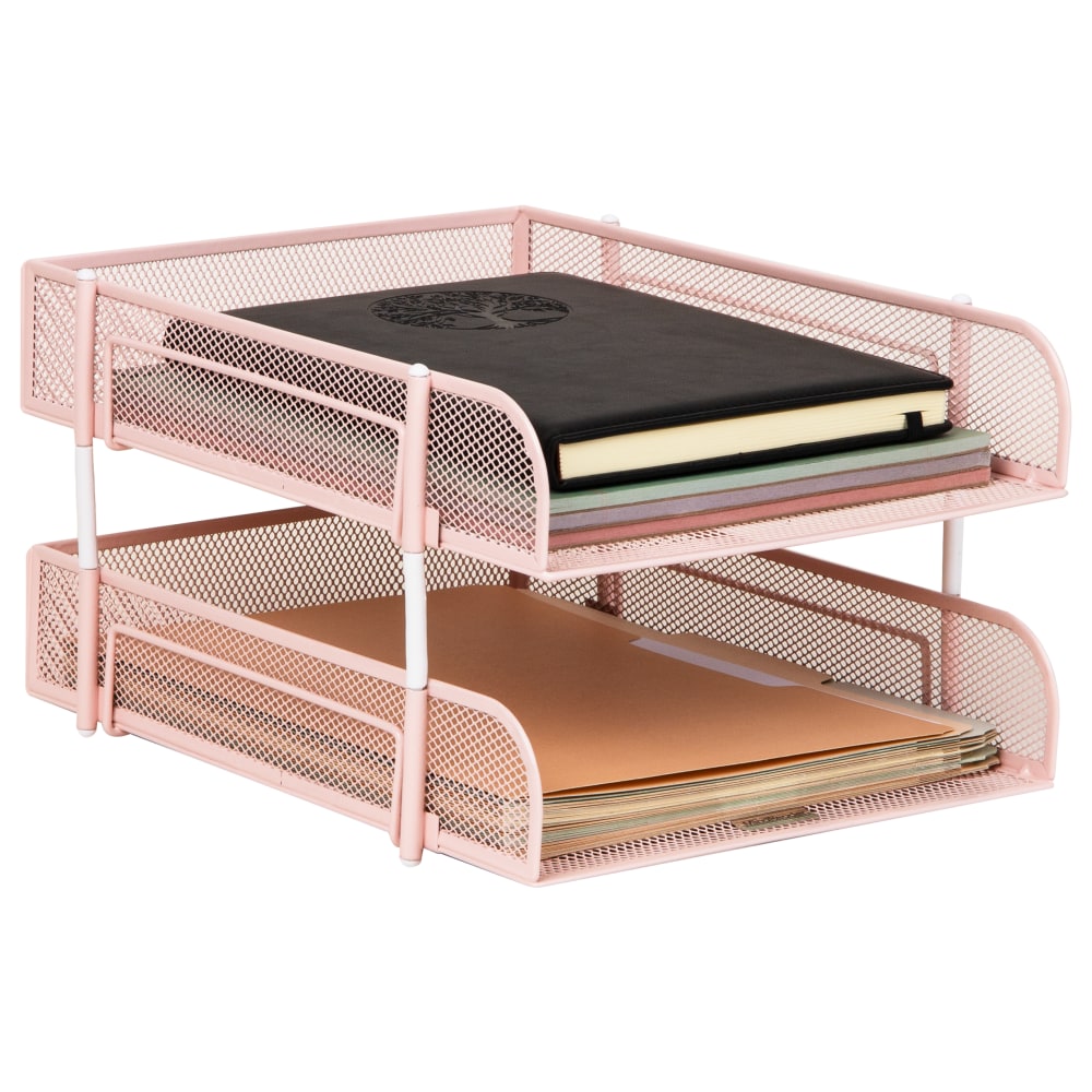 Mind Reader 2-Tier Metal Stackable Paper Tray, 7-1/2inH x 10-1/2inW x 13-1/4inD, Pink