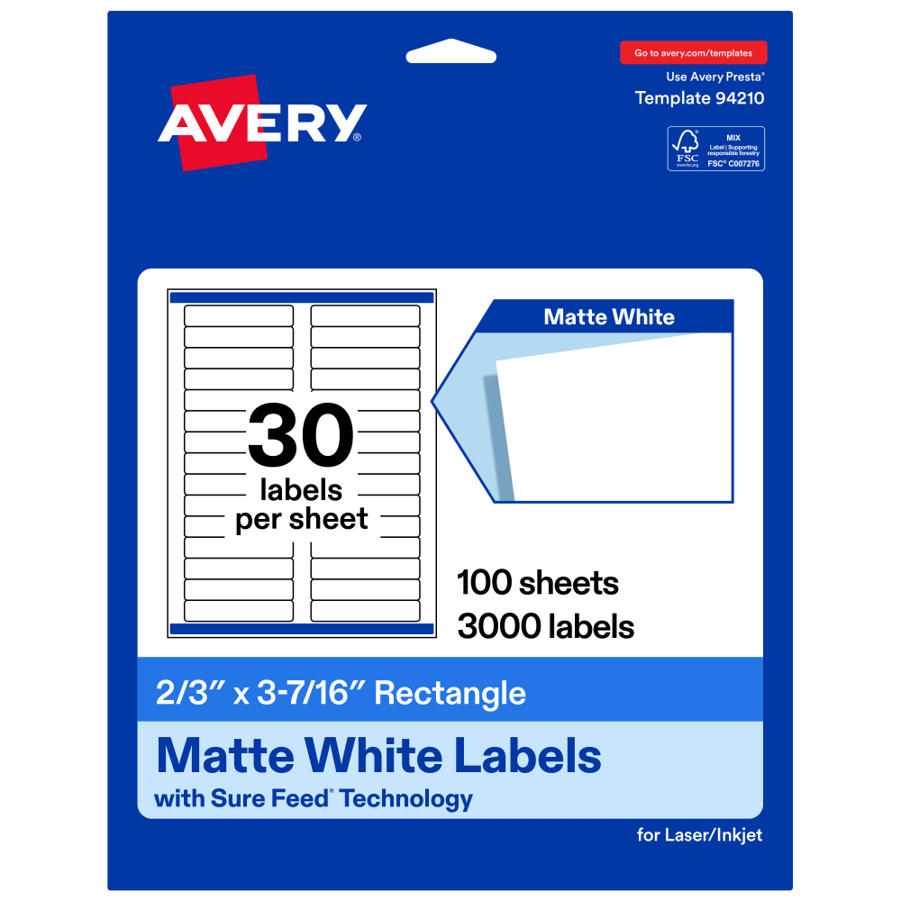 Avery Permanent Labels With Sure Feed, 94210-WMP100, Rectangle, 2/3in x 3-7/16in, White, Pack Of 3,000