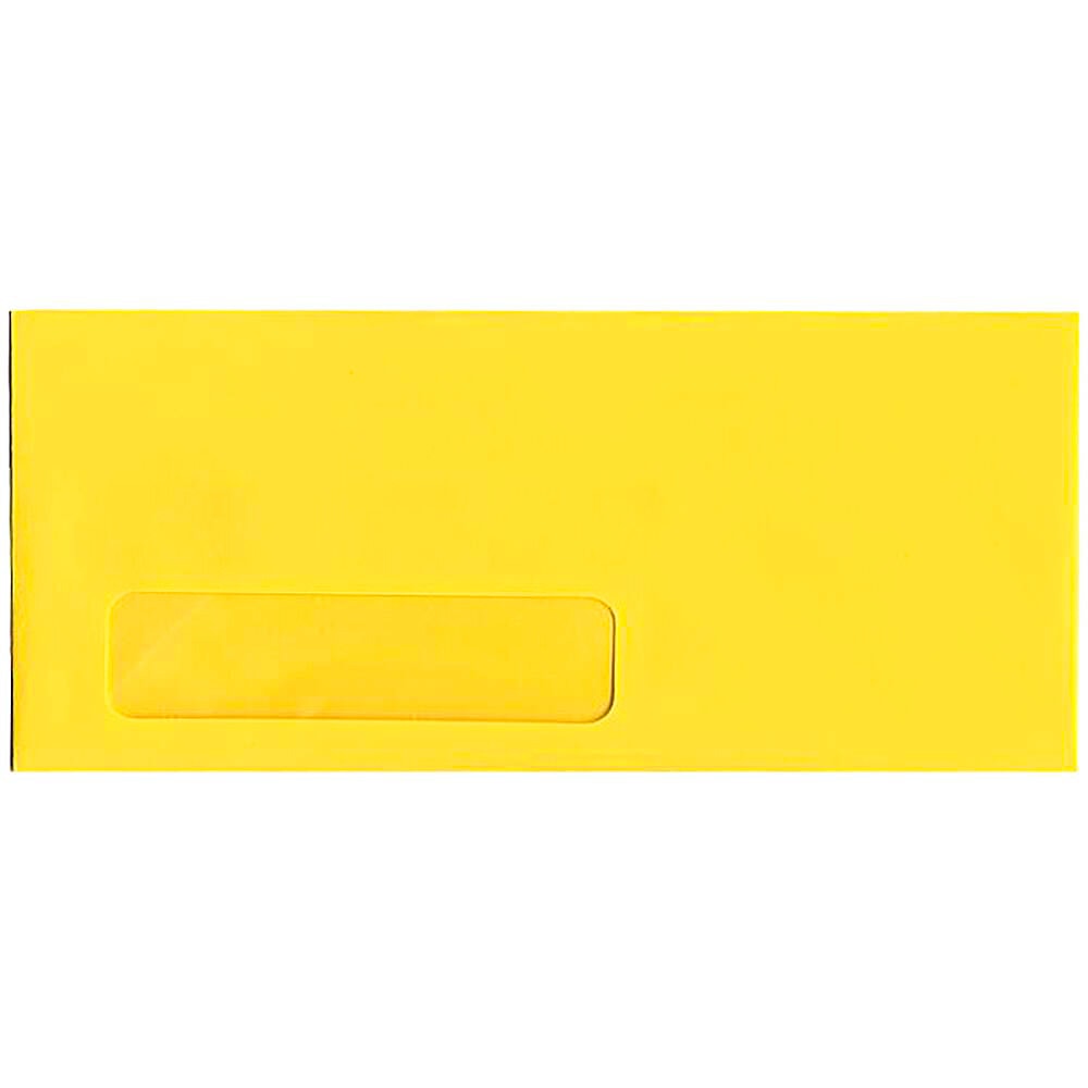 JAM Paper #10 Single-Window Booklet Envelopes, Bottom Left Window, Gummed Seal, 30% Recycled, Brite Hue Yellow, Pack Of 25