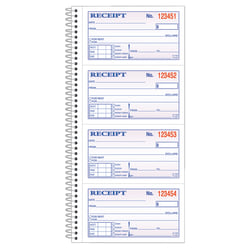 Adams Carbonless 2-Part Spiral Money/Rent Receipt Book, 11in x 5 1/4in, Book Of 200 Sets