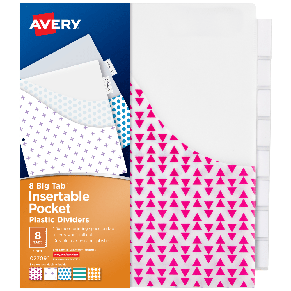 Avery Dividers for 3 Ring Binders, 8-Tab Binder Dividers, Plastic Binder Dividers with Pockets,  1 Set (07709)