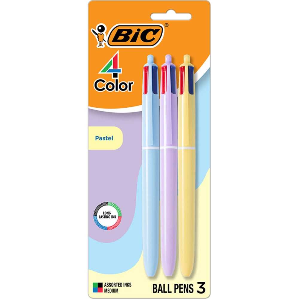 BIC 4-Color Retractable Ball Point Pen, Medium 1.0MM Point, Assorted Pastel Barrels, Assorted Ink Pack Of 3