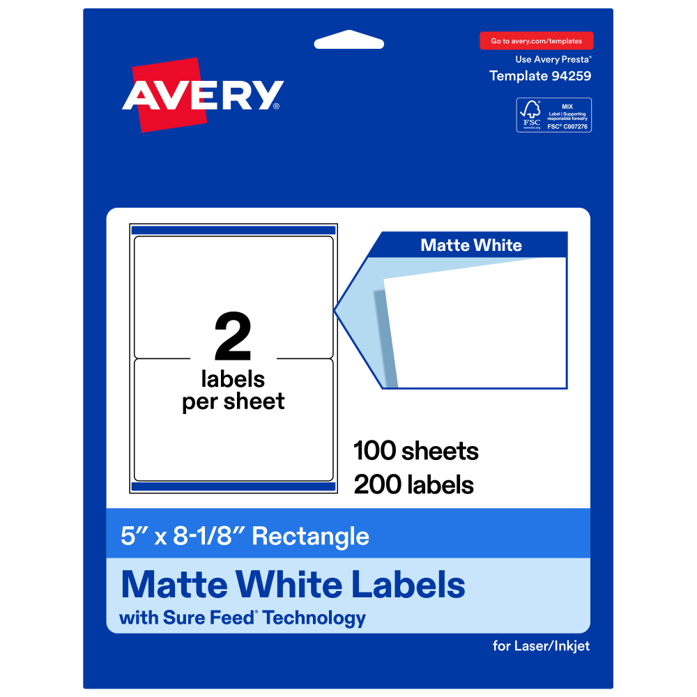 Avery Permanent Labels With Sure Feed, 94259-WMP100, Rectangle, 5in x 8-1/8in, White, Pack Of 200