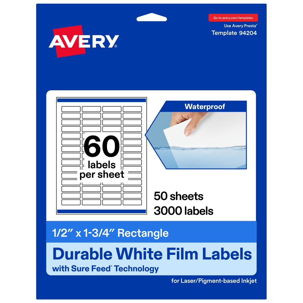 Avery Waterproof Permanent Labels With Sure Feed, 94204-WMF50, Rectangle, 1/2in x 1-3/4in, White, Pack Of 3,000