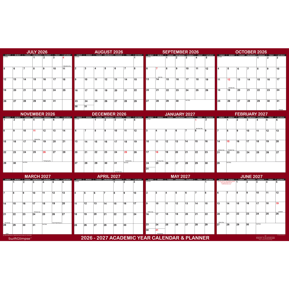 2026-2027 SwiftGlimpse Academic Monthly Wall Calendar, 32in x 48in, Maroon/White, July To June, Total Qty 1