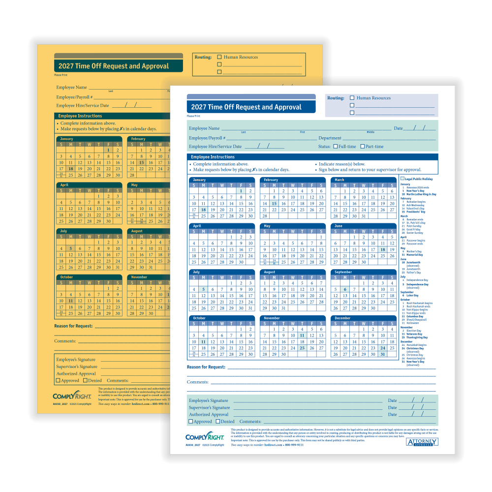 ComplyRight 2027 Time Off Request And Approval Forms, 2-Part, 8 1/2in x 11in, White, Pack Of 50