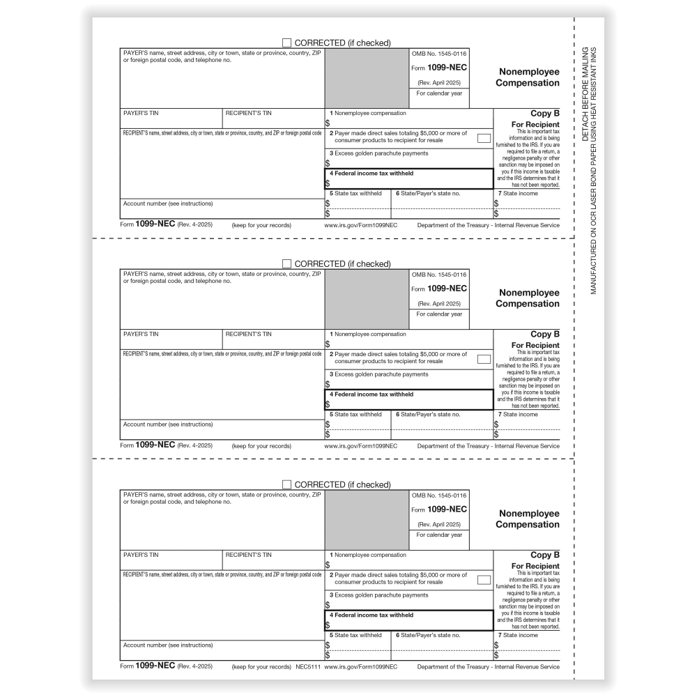 ComplyRight 1099-NEC Tax Forms, Recipient Copy B, 3-Up, 8-1/2in x 11in, Pack Of 75 Forms