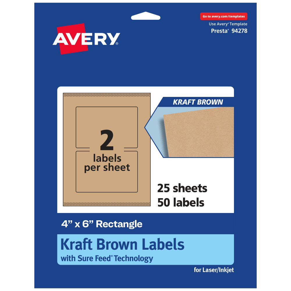 Avery Kraft Permanent Labels With Sure Feed, 94278-KMP25, Rectangle, 4in x 6in, Brown, Pack Of 50