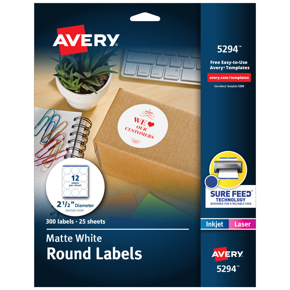 Avery High Visibility Labels With Sure Feed For Laser Printers, 5294, Round, 2-1/2in Diameter, White, Pack Of 300