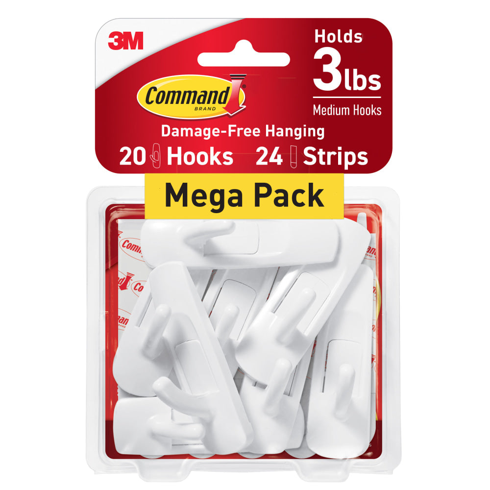 Command Medium Utility Hooks, 20 Hooks, 24 White Adhesive Strips, Damage Free Hanging Picture Hangers, No Tools Wall Hanging for Back to School