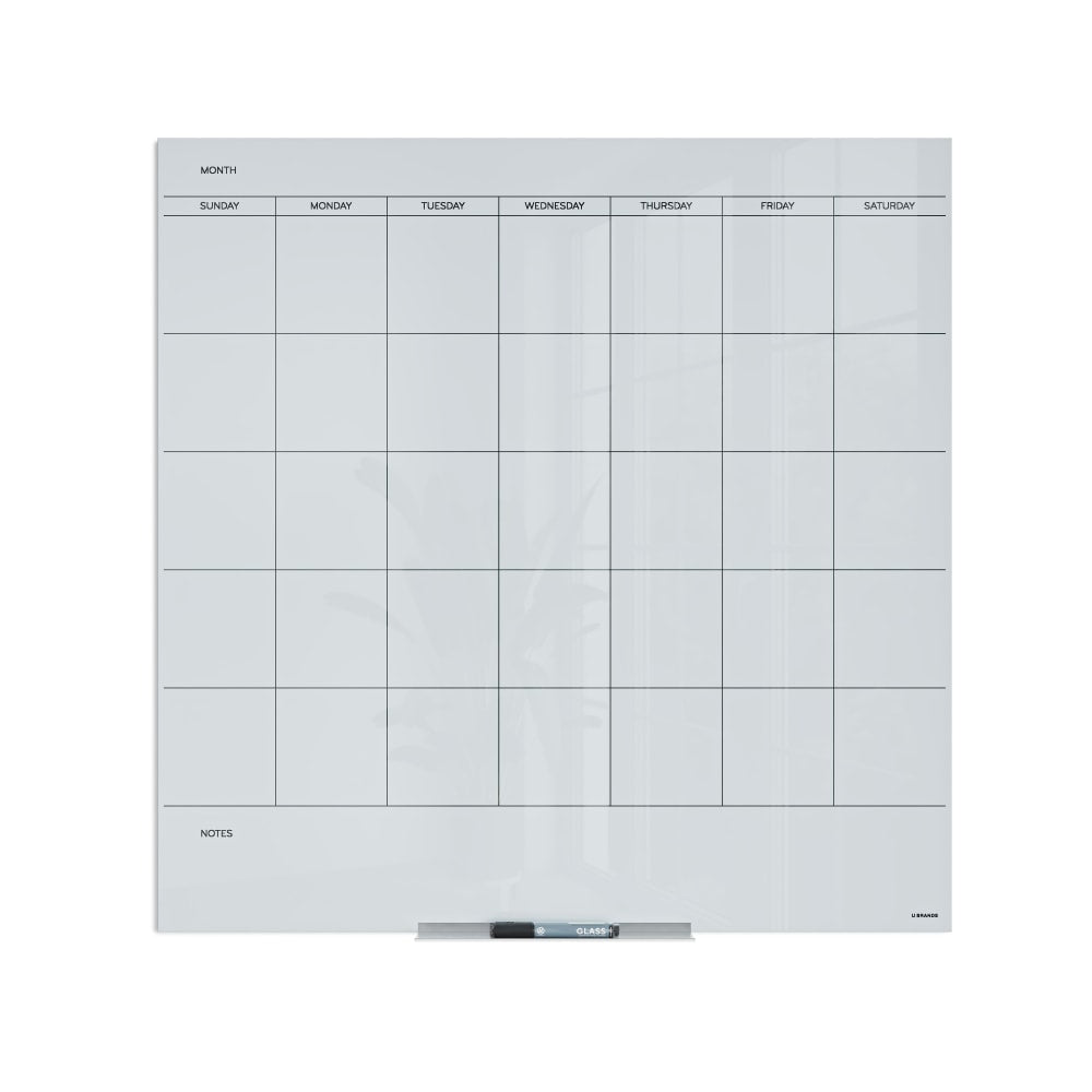 U Brands Floating Glass Dry-Erase Monthly Calendar Board, 36in X 36in, White Frosted Surface, Frameless, Actual Size 35in X 35in (2910U00-01)