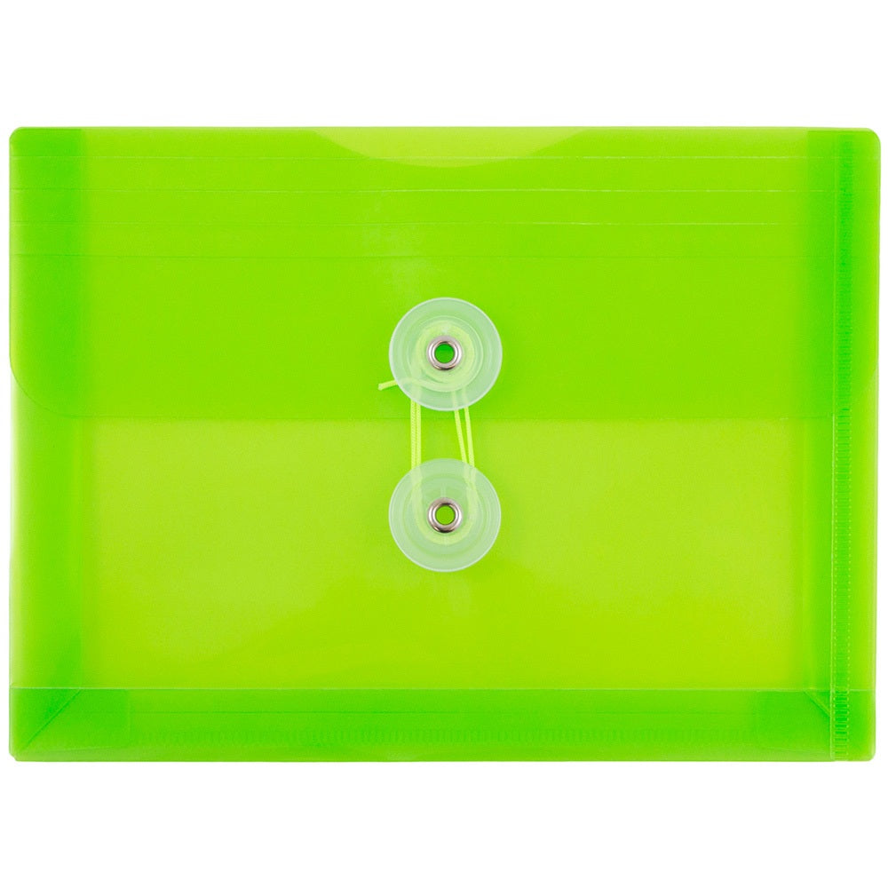 JAM Paper Index Booklet Plastic Envelopes, 5 1/2in x 7 1/2in, Button & String Closure, Lime Green, Pack Of 12