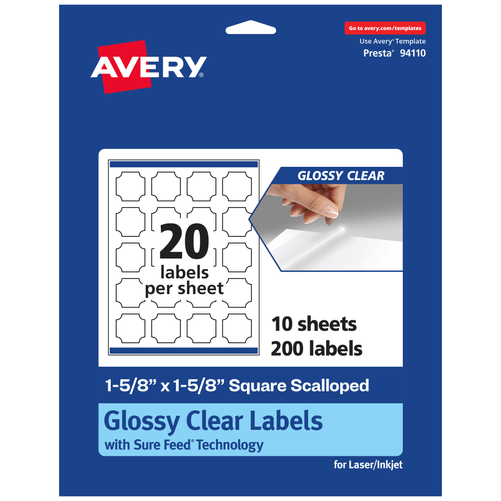 Avery Glossy Permanent Labels With Sure Feed, 94110-CGF10, Square Scalloped, 1-5/8in x 1-5/8in, Clear, Pack Of 200
