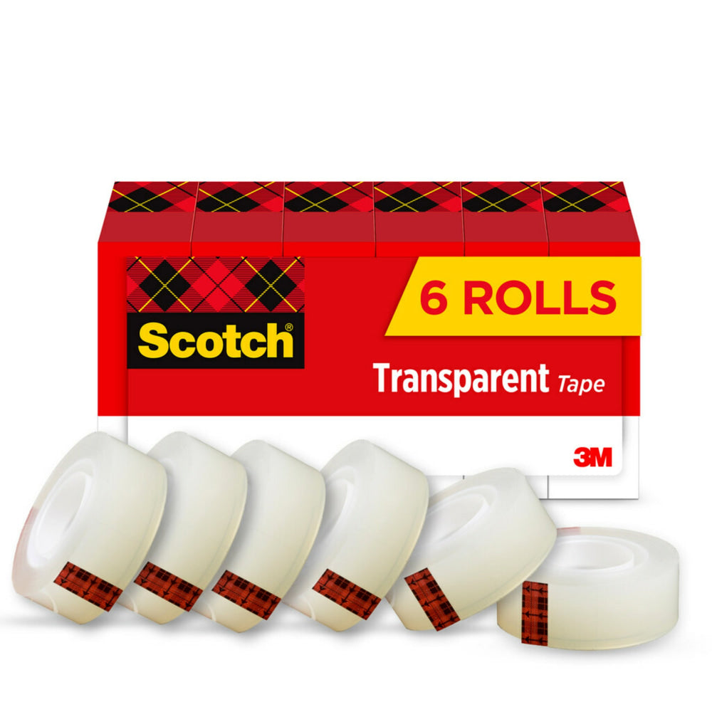 Scotch Transparent Tape, 3/4 x 1296 in, 6 Tape Rolls, Clear, Back to School Supplies, College Supplies, and Teacher Supplies
