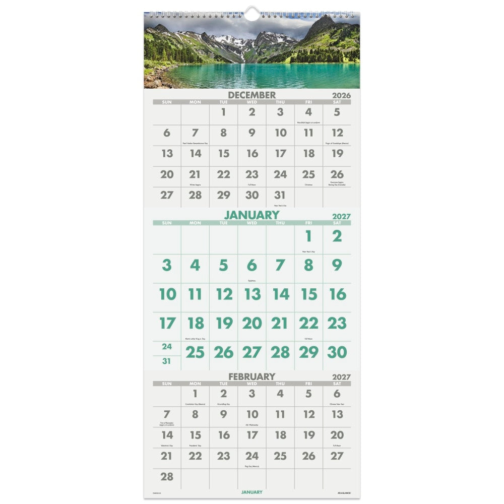 AT-A-GLANCE 2027 Scenic Three Month Wall Calendar, Large, 12in x 27in