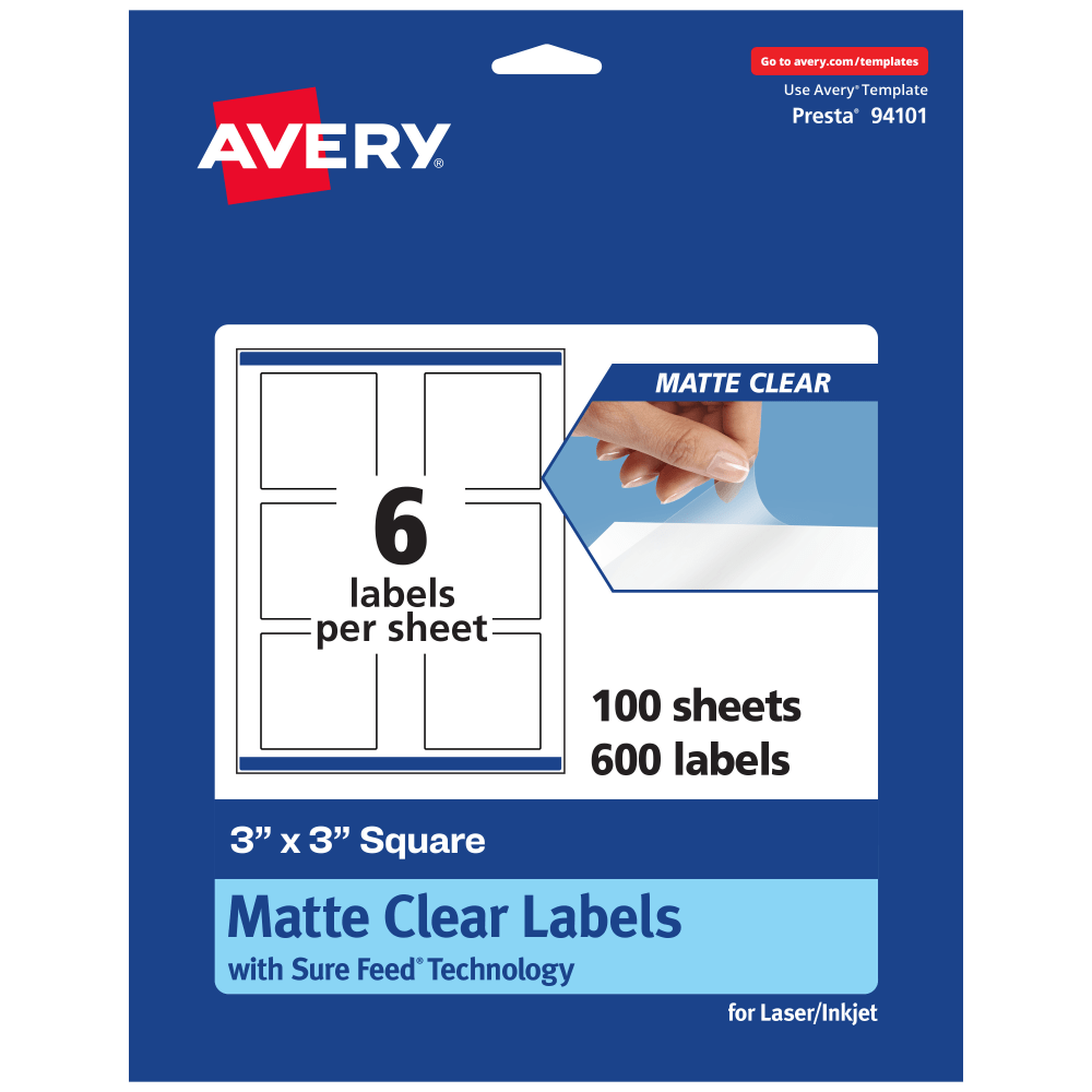 Avery Permanent Labels With Sure Feed, 94101-CMF100, Square, 3in x 3in, Matte Clear, Pack Of 600
