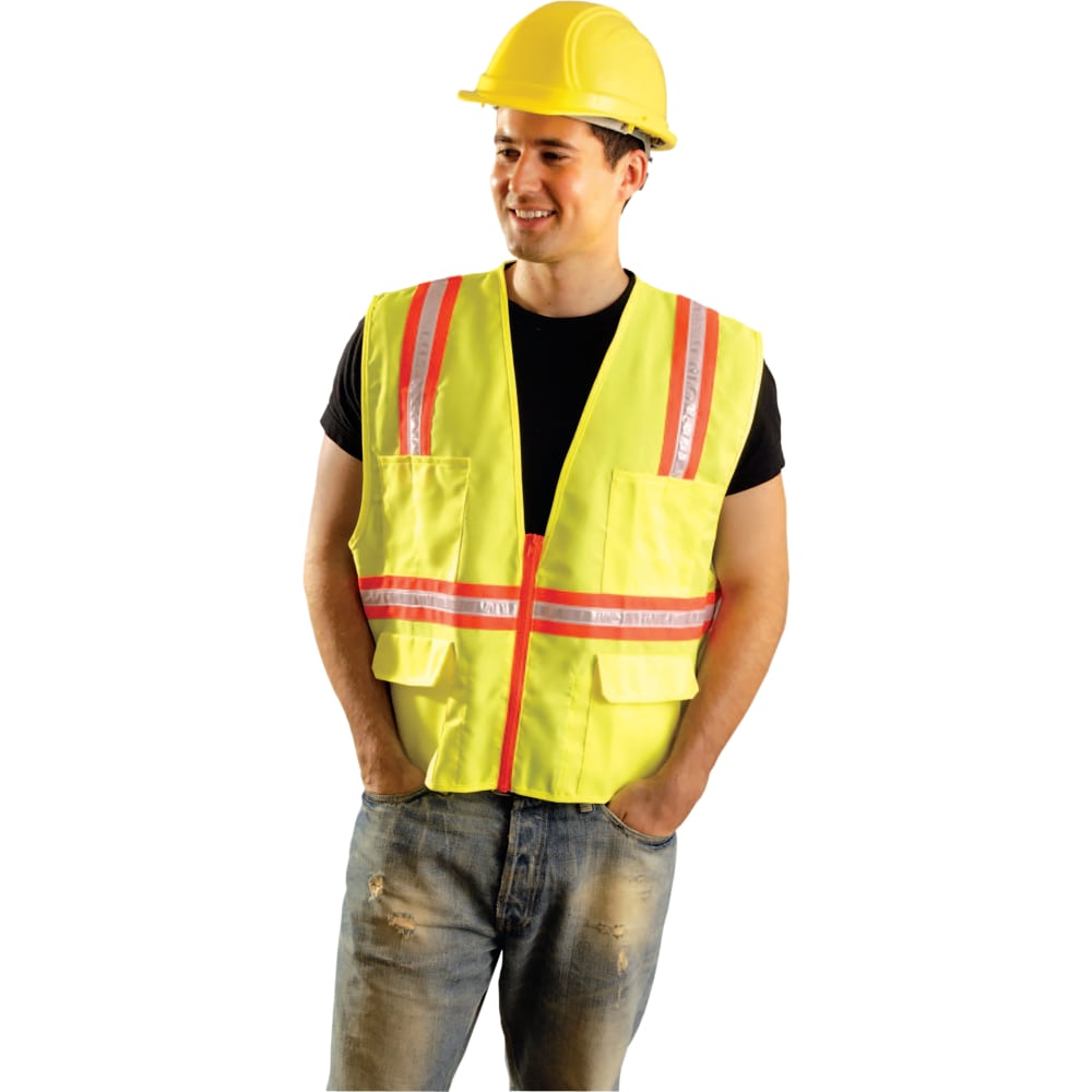 Non-ANSI Contractor Style Solid Vests, Large, Hi-Viz Orange; Yellow Trim