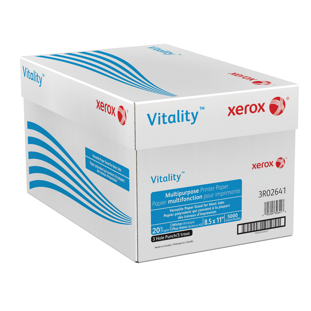 Xerox Vitality 3-Hole Punched Multi-Use Printer & Copy Paper, 10 Reams, White, Letter Size, 5000 Sheets Per Case, 20 Lb, 92 Brightness - 3R2641