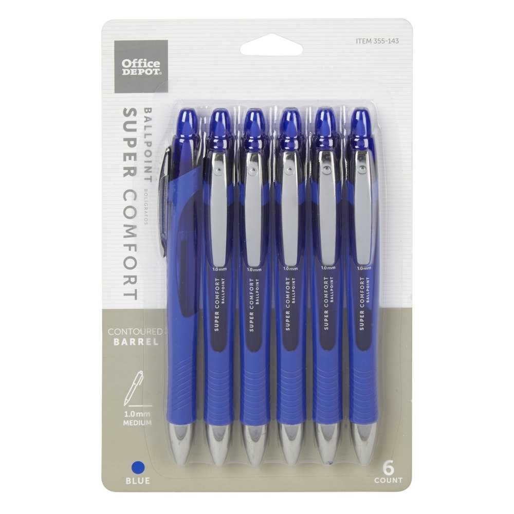 Office Depot Brand Retractable Ballpoint Pens With Grip, Medium Point, 1.0 mm, Blue Barrel, Blue Ink, Pack Of 6
