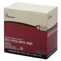 SKILCRAFT 3in x 5in 30% Recycled Self-Stick Notes, 100 Sheets, 12 Pads, Yellow (AbilityOne 7530-01-116-7865)