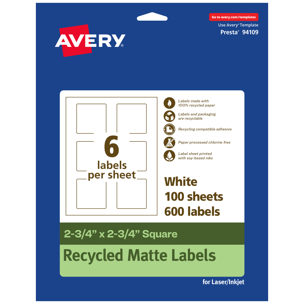 Avery Recycled Paper Labels, 94109-EWMP100, Square, 2-3/4in x 2-3/4in, White, Pack Of 600