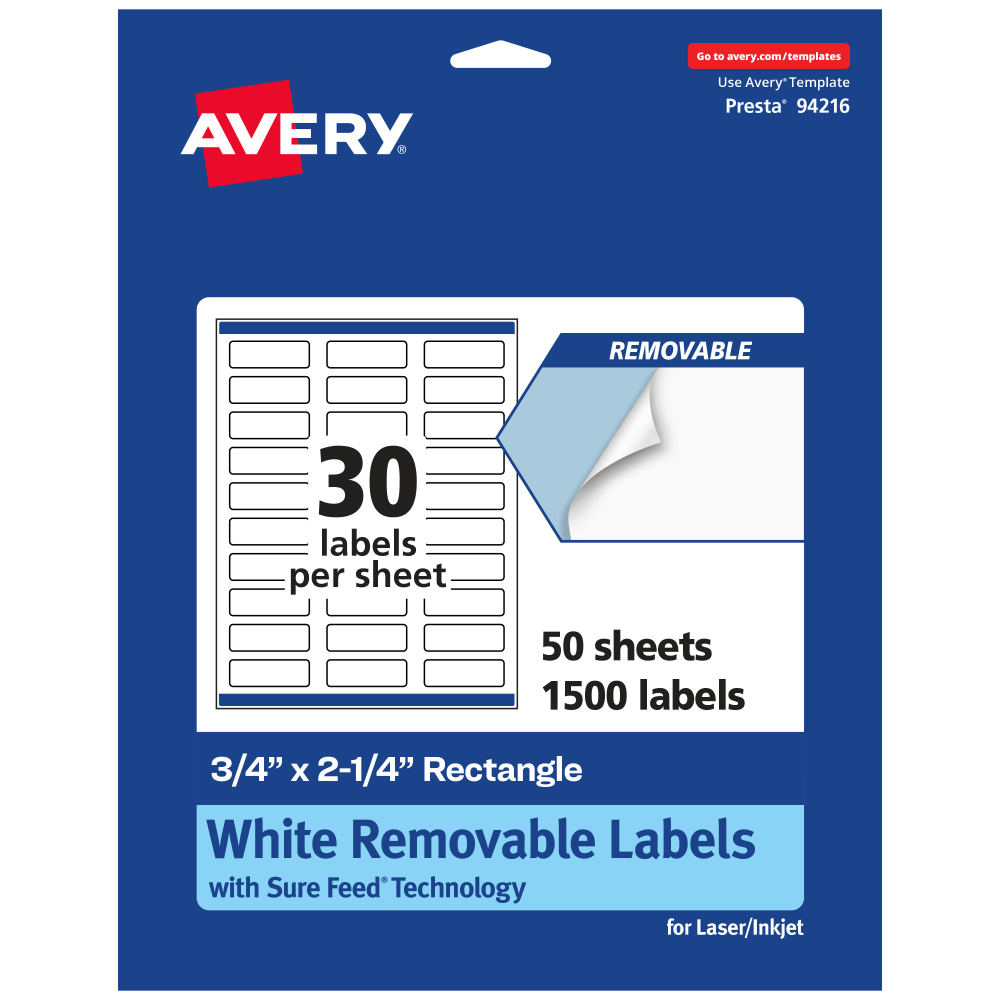 Avery Removable Labels With Sure Feed, 94216-RMP50, Rectangle, 3/4in x 2-1/4in, White, Pack Of 1,500 Labels