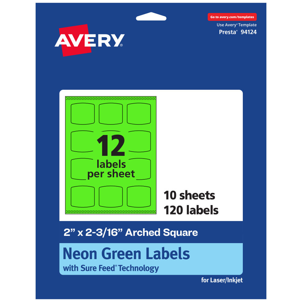 Avery Print-To-The-Edge Labels With Sure Feed Technology, 94124-NGP10, Arched Square, 2in x 2-3/16in, Matte Neon Green, Pack of 120