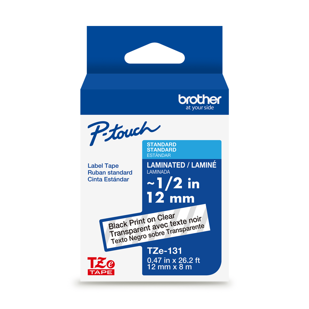 Brother P-touch TZe131, Laminated, ~1/2 in (12mm) x 26.2ft (8m), Black on Clear Label Tape