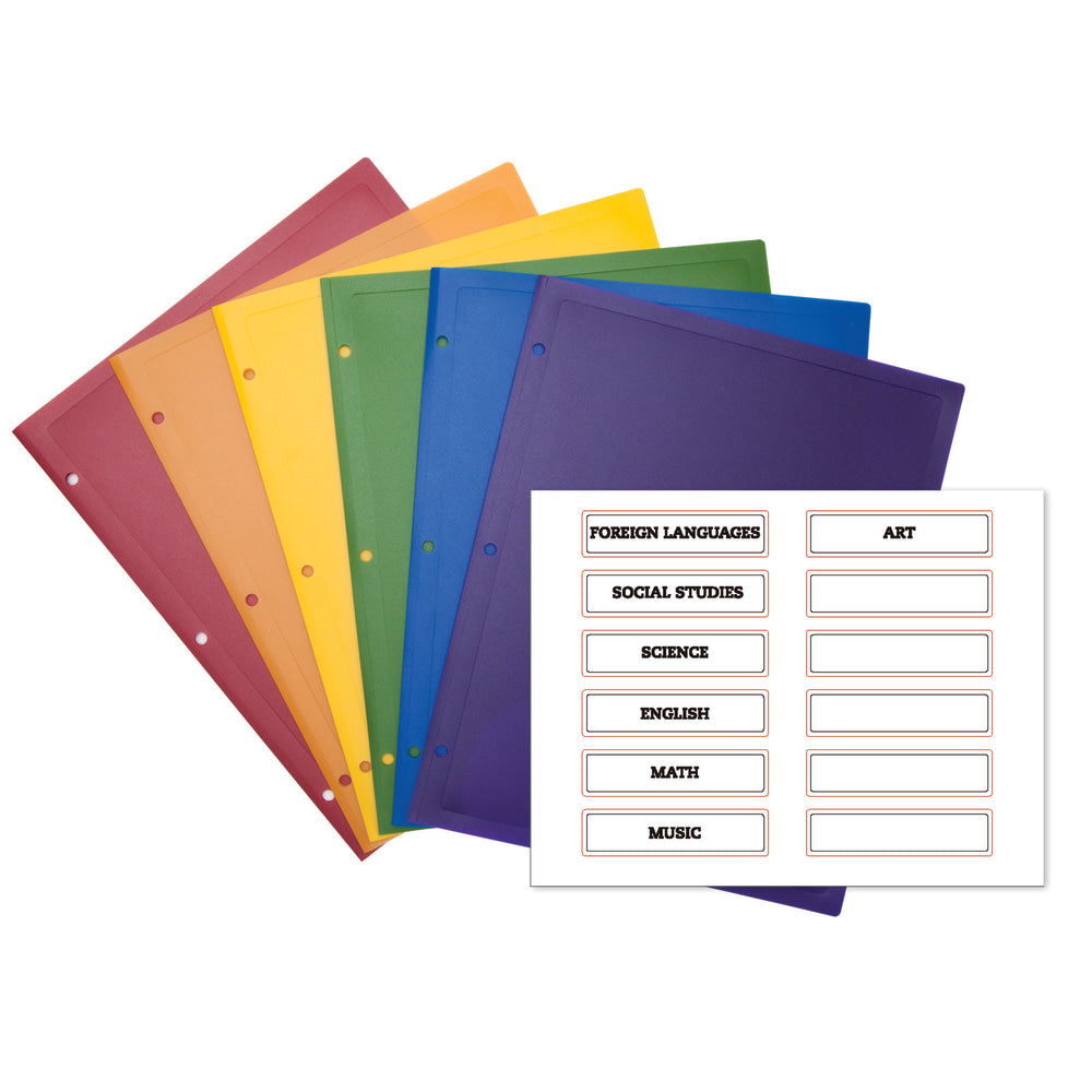 Office Depot Brand 2-Pocket Poly Portfolios With Subject Labels, Letter Size, Assorted Colors, Pack Of 6