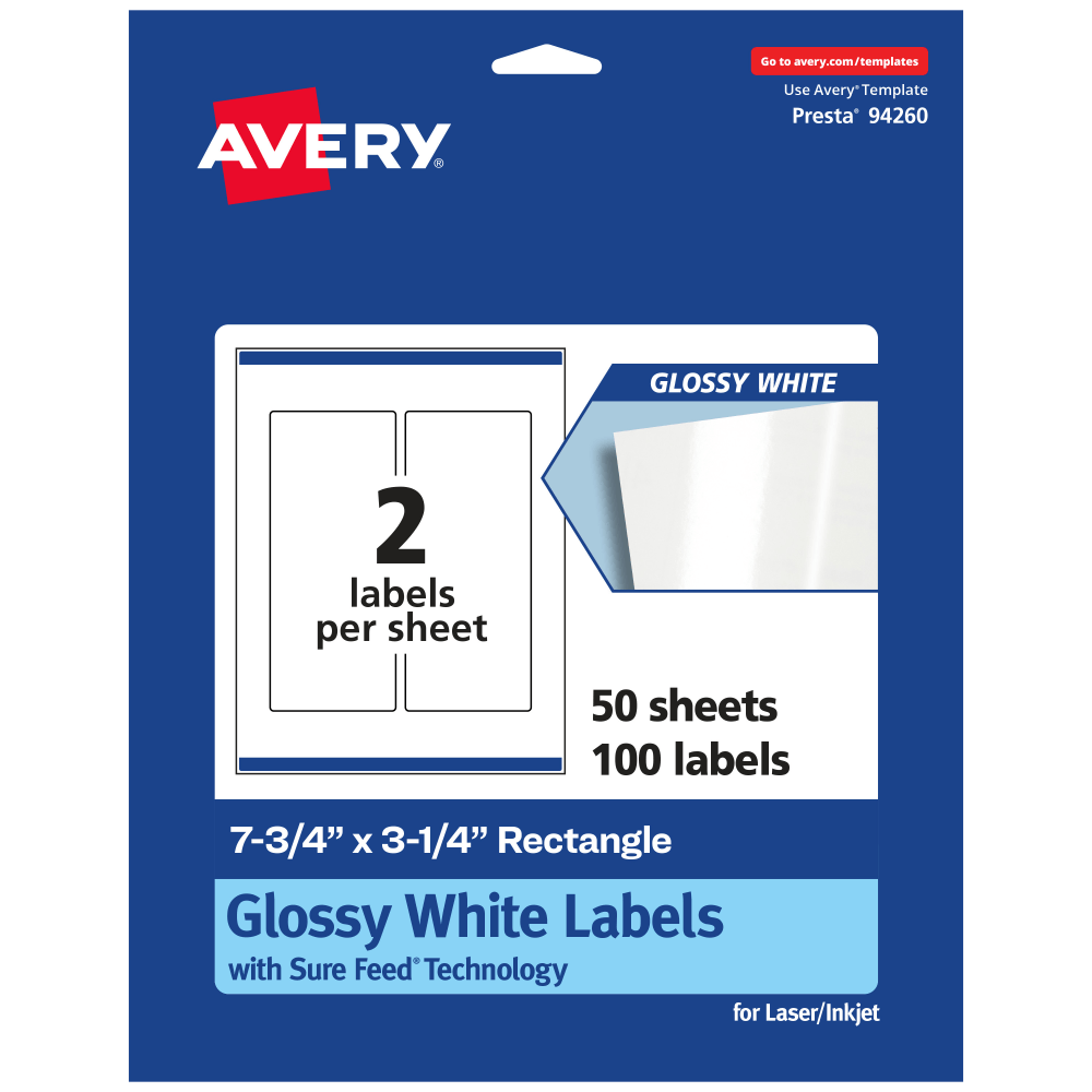 Avery Glossy Permanent Labels With Sure Feed, 94260-WGP50, Rectangle, 7-3/4in x 3-1/4in, White, Pack Of 100
