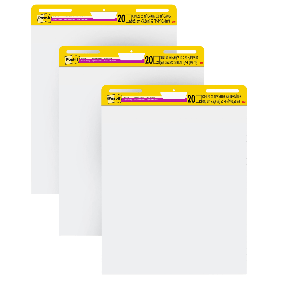 Post-it Super Sticky Easel Pads, 25in x 30in, 3 Pads, 20 Sheets/Pad, School Supplies for Classrooms, White