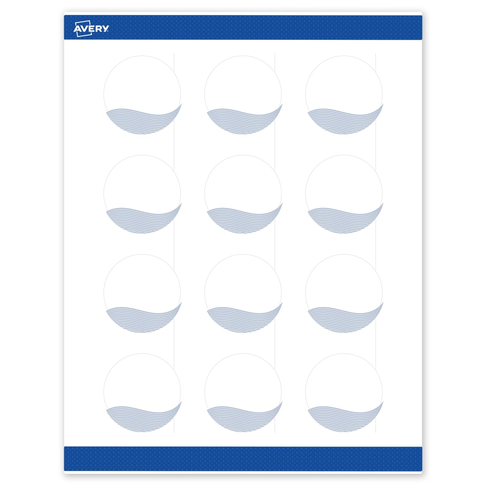 Avery Printable Labels With Sure Feed Technology, S00-EV0, Round, 2in, Matte White With Preprinted Blue Waves Design, Pack Of 120