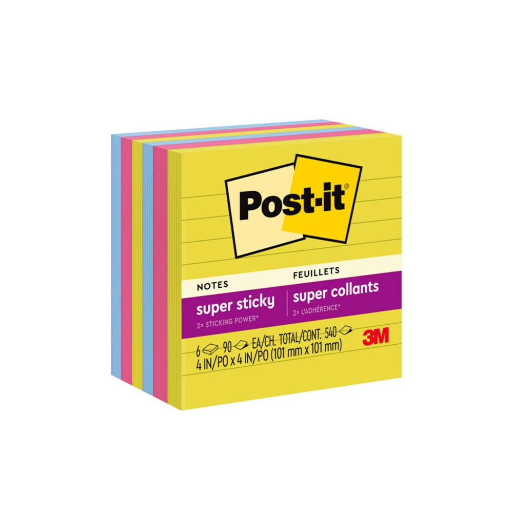 Post-it Super Sticky Notes, 4 x 4 in, 6 Lined Sticky Note Pads, 90 Sheets/Pad, 2X the Sticking Power, School Supplies and Office Products, Summer Joy