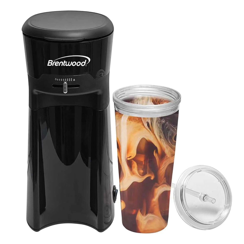 Brentwood Single-Serve Iced Coffee and Tea Maker with 20 Oz Insulated Tumbler and Reusable Filter, 11-5/8inH x 4-15/16inW x 6-5/8inD, Black