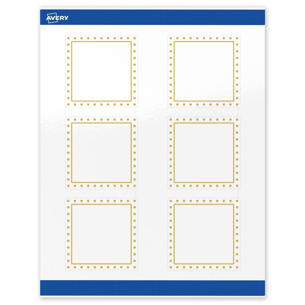 Avery Print-To-The-Edge Labels & Sure Feed, S00-DHZ-PRWGP10, 3in x 3in, Glossy White, Preprinted Gold Border & Gold Dots Design, Pack Of 60